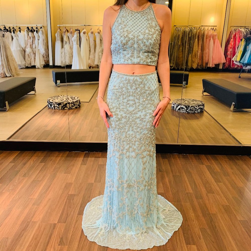 Beaded two piece with high neck bodice and lace up